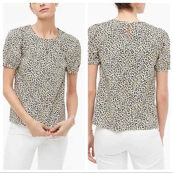 J.CREW Leopard Puff Sleeve Top Stretch Cotton Poplin Animal Print Plus Size 3X - Picture 1 of 8